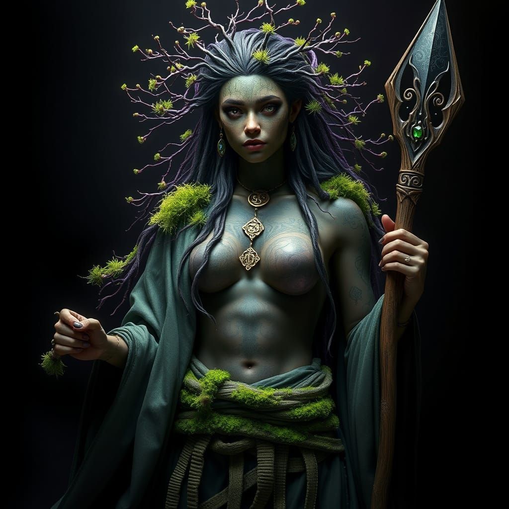 Ethereal Earth Genasi Druid Maiden in Obsidian, Agate, and S...