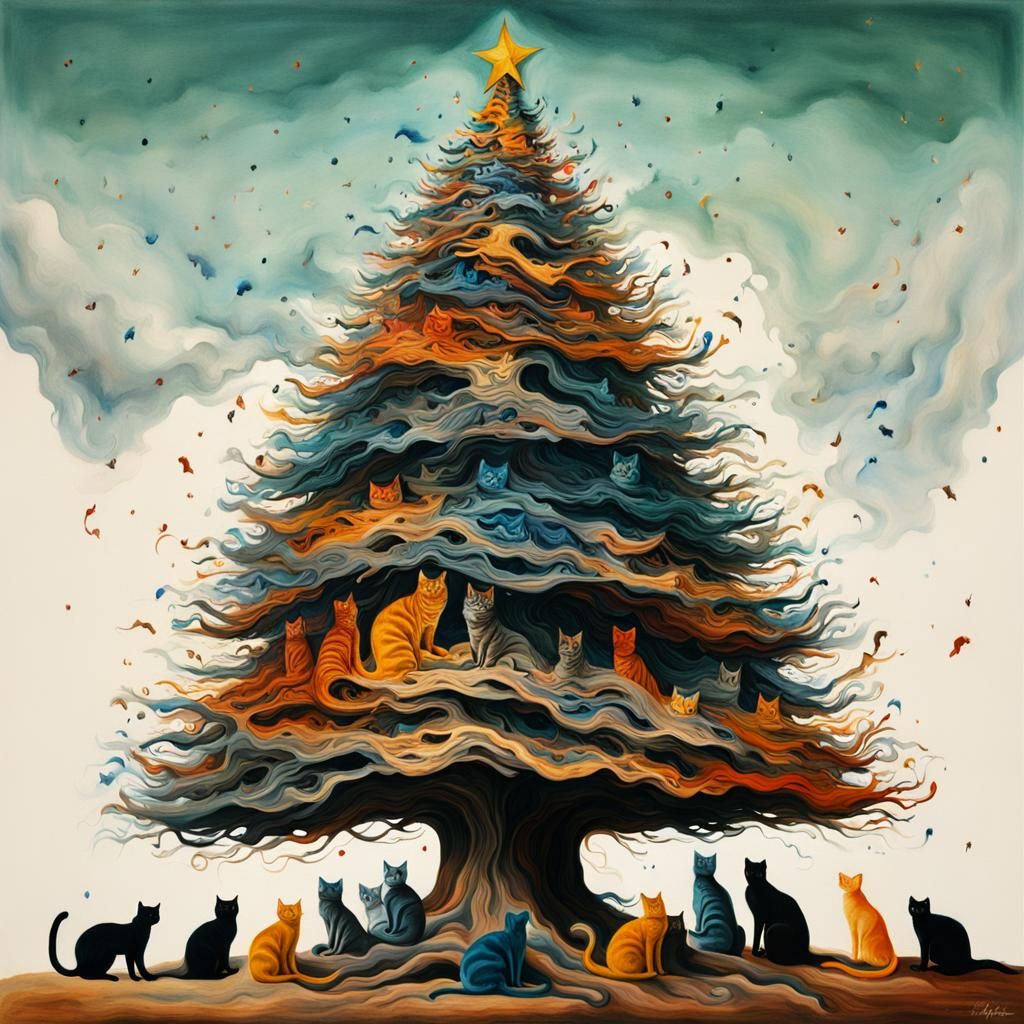 Surreal Christmas Tree of Cats in Gouache Style