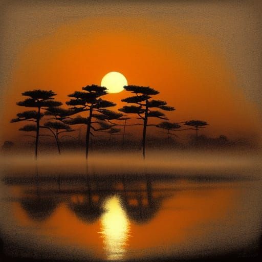 Serene Japanese Ink Sunset Painting