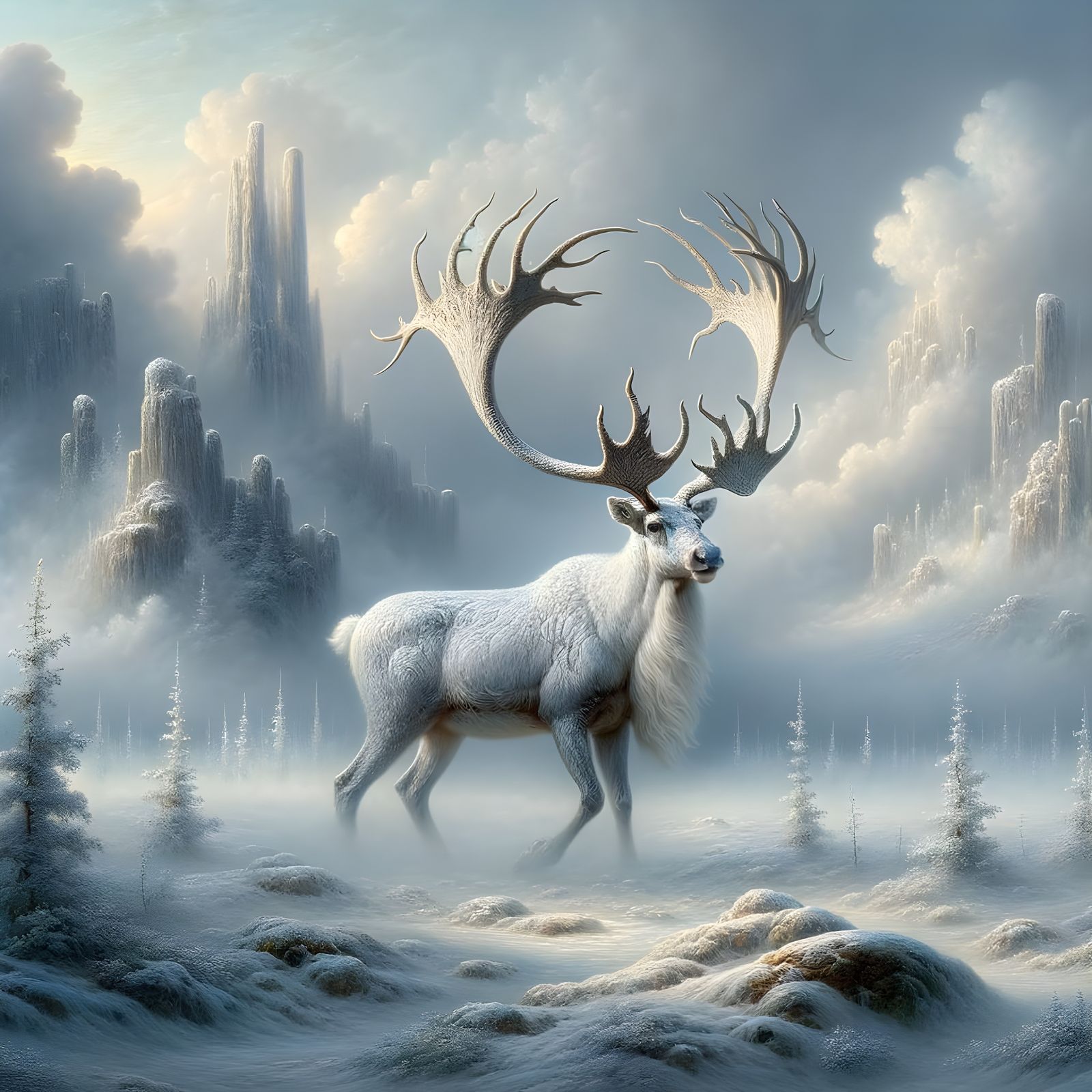 Ethereal Pearly Caribou in Arctic Tundra