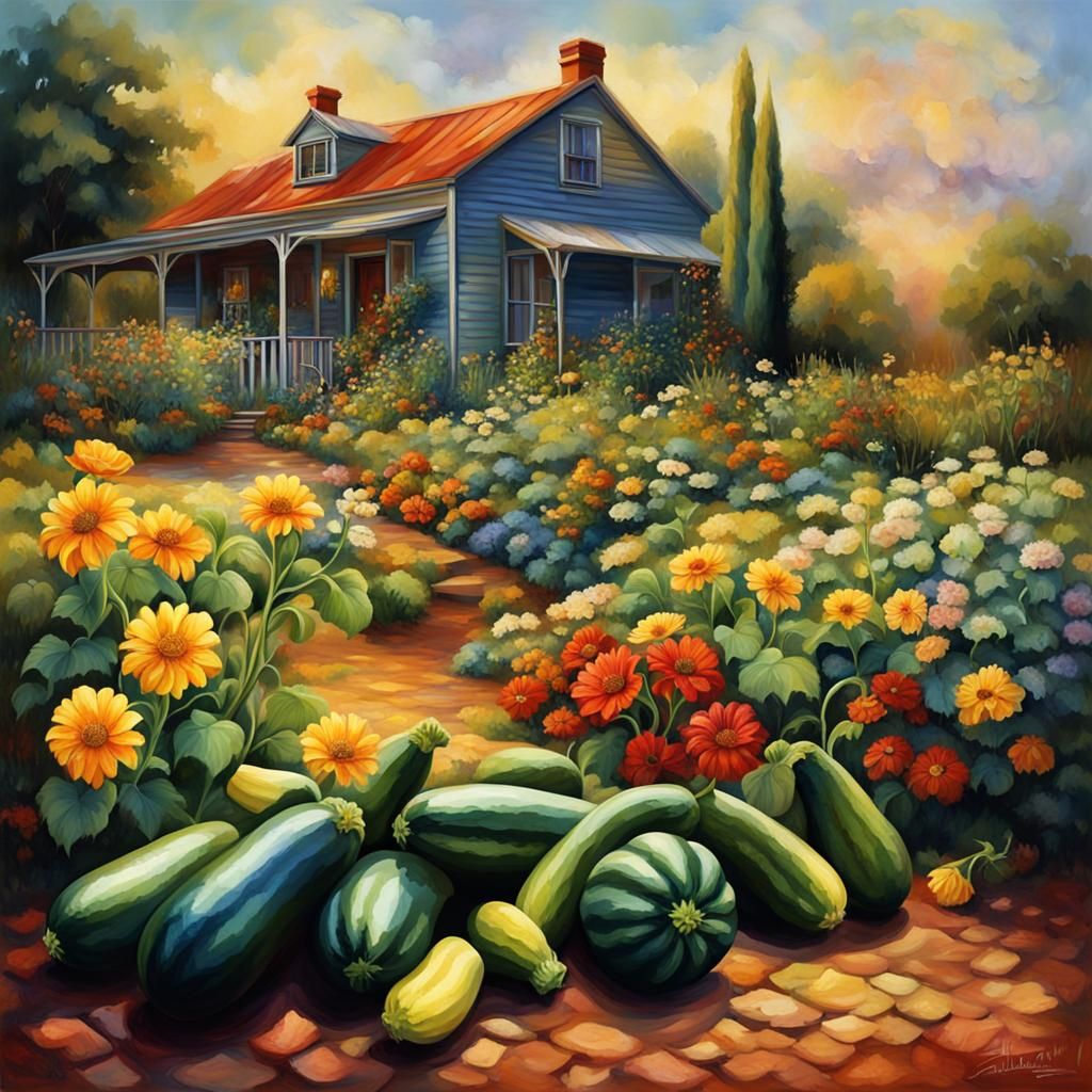 Zucchini Garden in Full Bloom: Australian Tonalism Airbrush