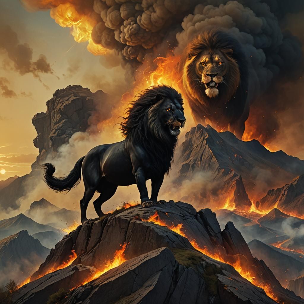 Lion Roaring on Mountain in Dark Fantasy Style