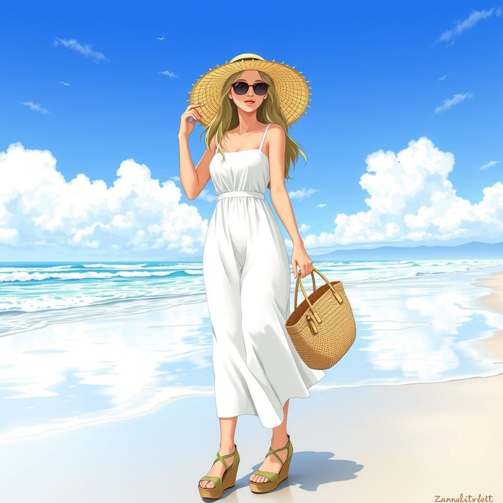 A Serene European Woman Strolls on a Japanese Beach in Hyper...