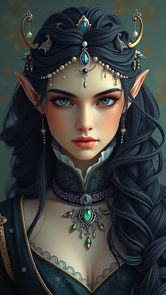 Regal Queen Elf Portrait in Elegant Art Nouveau Style