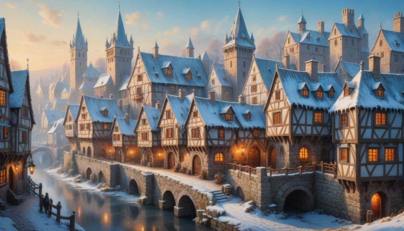 Medieval Winter Wonderland in Vibrant Oil Painting