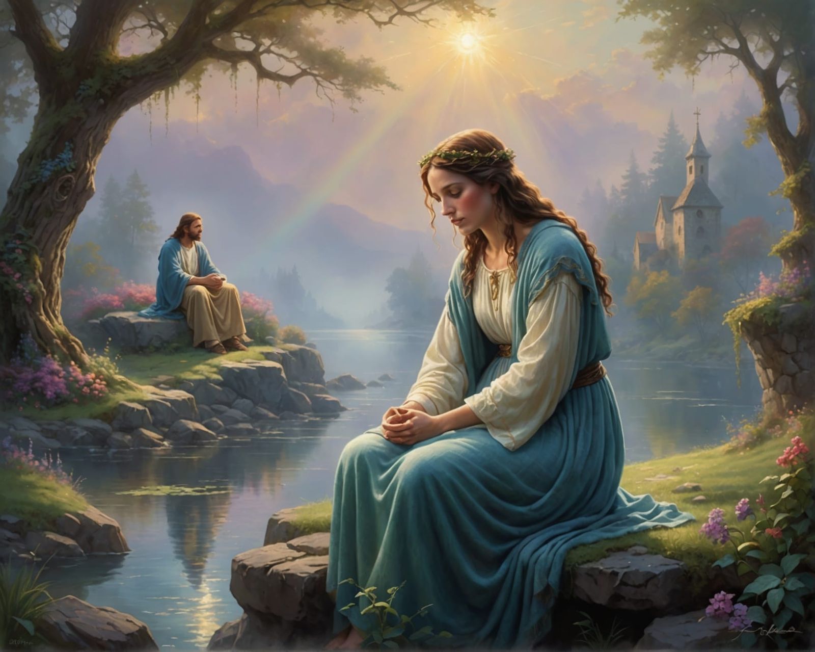 Jesus Comforts Woman in Ethereal Fantasy Style