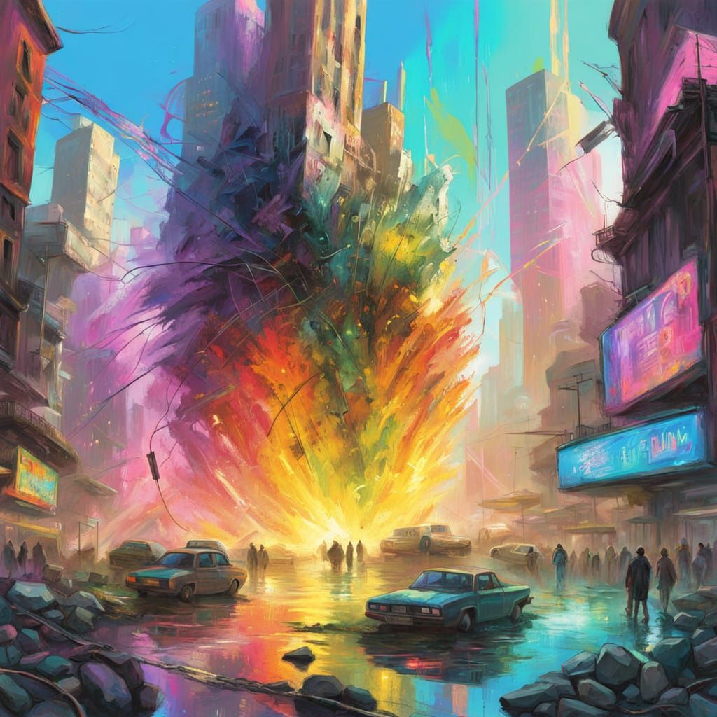 Cyberpunk Urban Decay Abstract Expressionist Painting