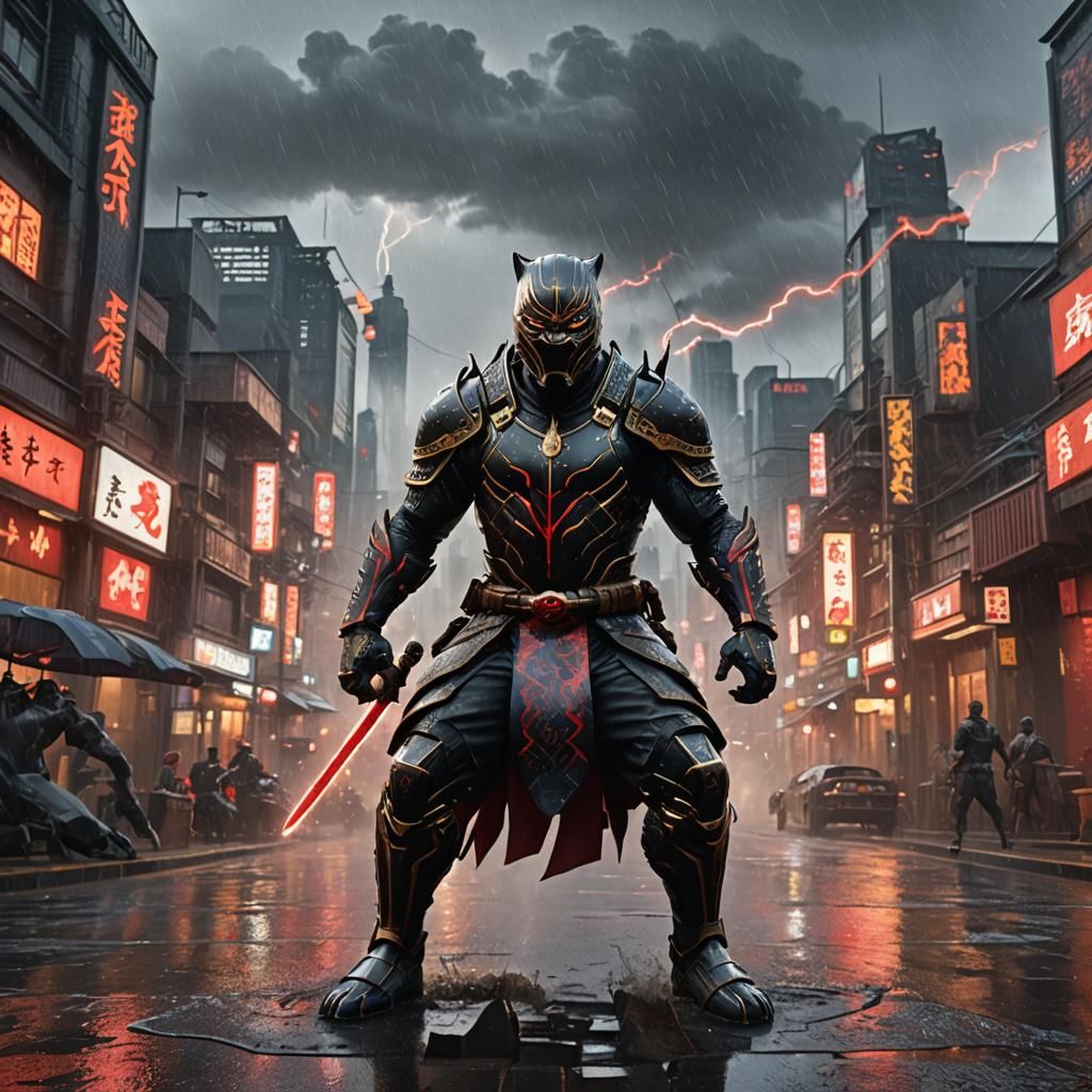 Black Panther in Samurai Armor, Rainy Wakanda