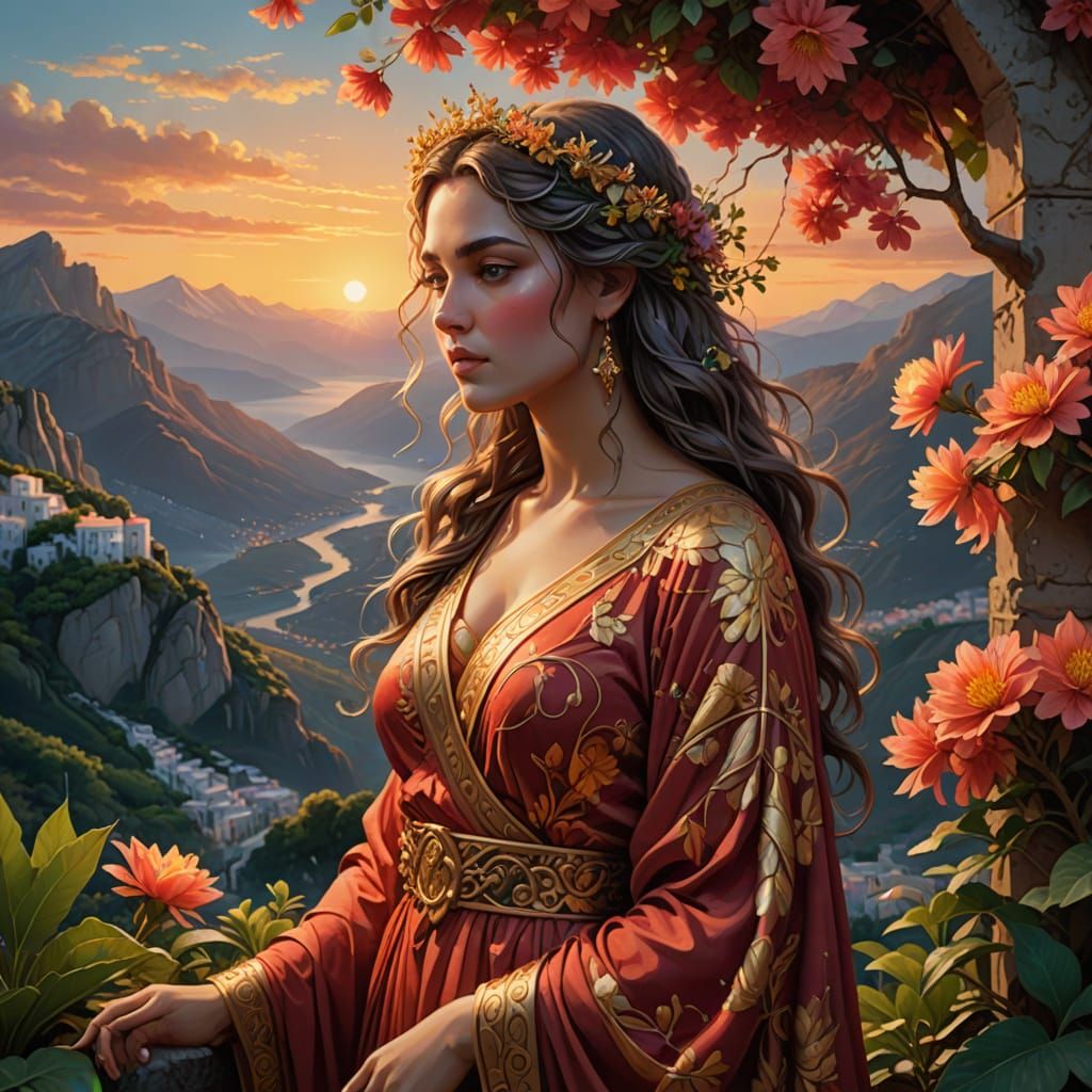 Ethereal Greek Goddess in Twilight Hanging Garden with Mount...