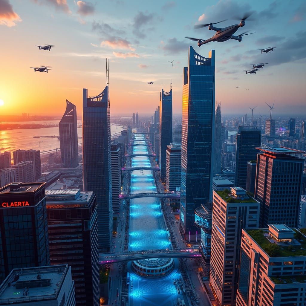 Tel Aviv 2150: Futuristic Cityscape at Sunset