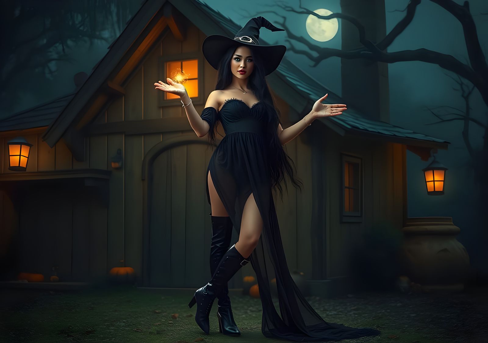 Enchanting Witch in Moonlit Cottage