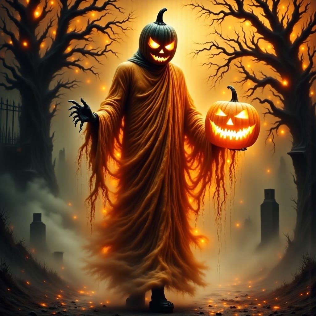 Monk in Orange Robe with Halloween Ghosts