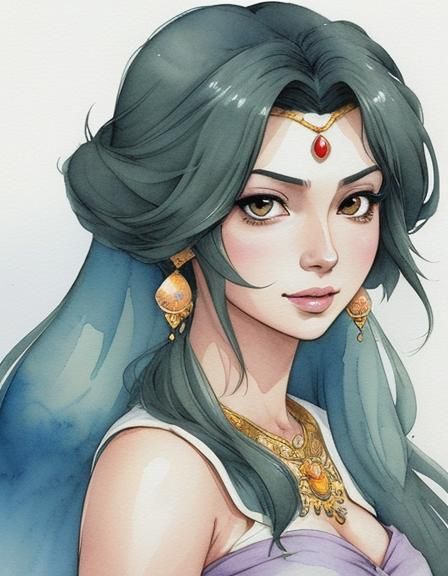 Princess Jasmine: Ink and Watercolor Digital Portrait