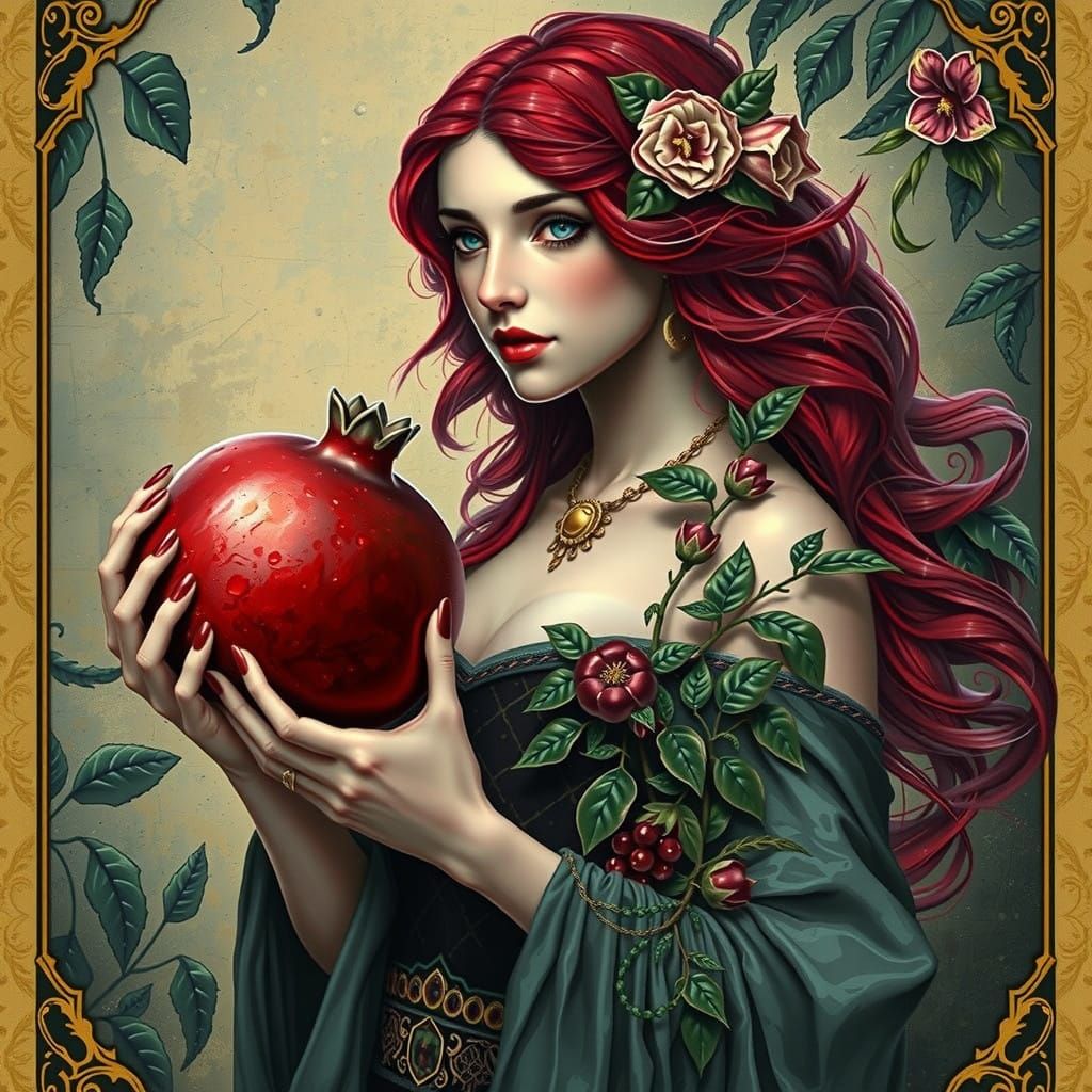 Art Deco Tarot Card of Redheaded Goddess with Pomegranate