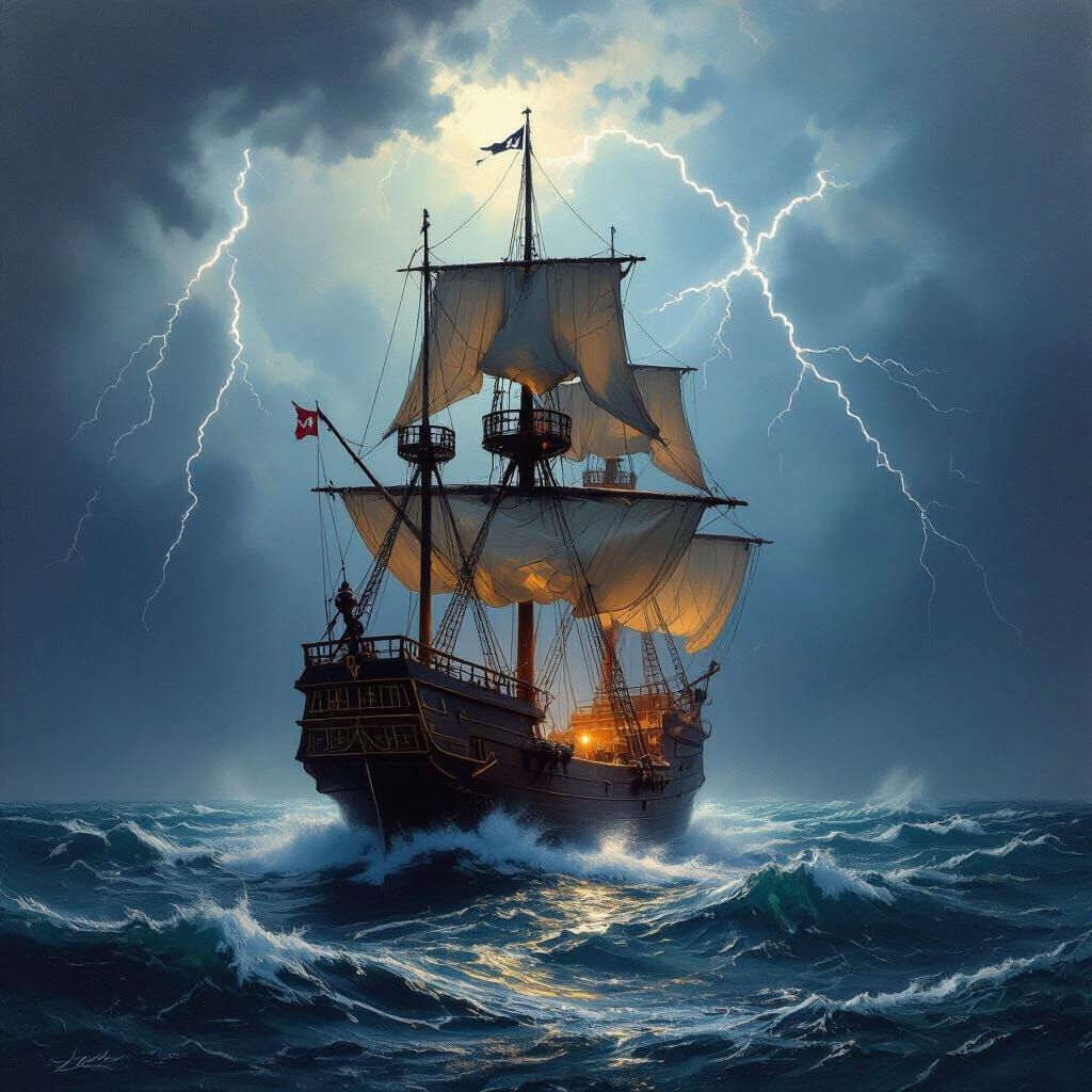 Majestic Pirate Ship in Stormy Seas Oil Painting