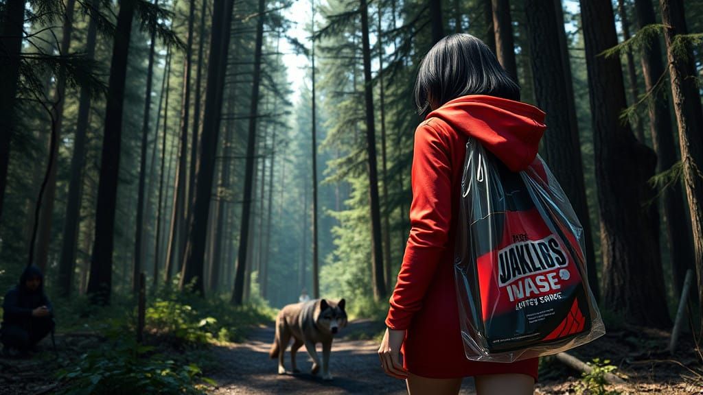 Young Woman Walks Through a Forest with a Wolf and Hunter