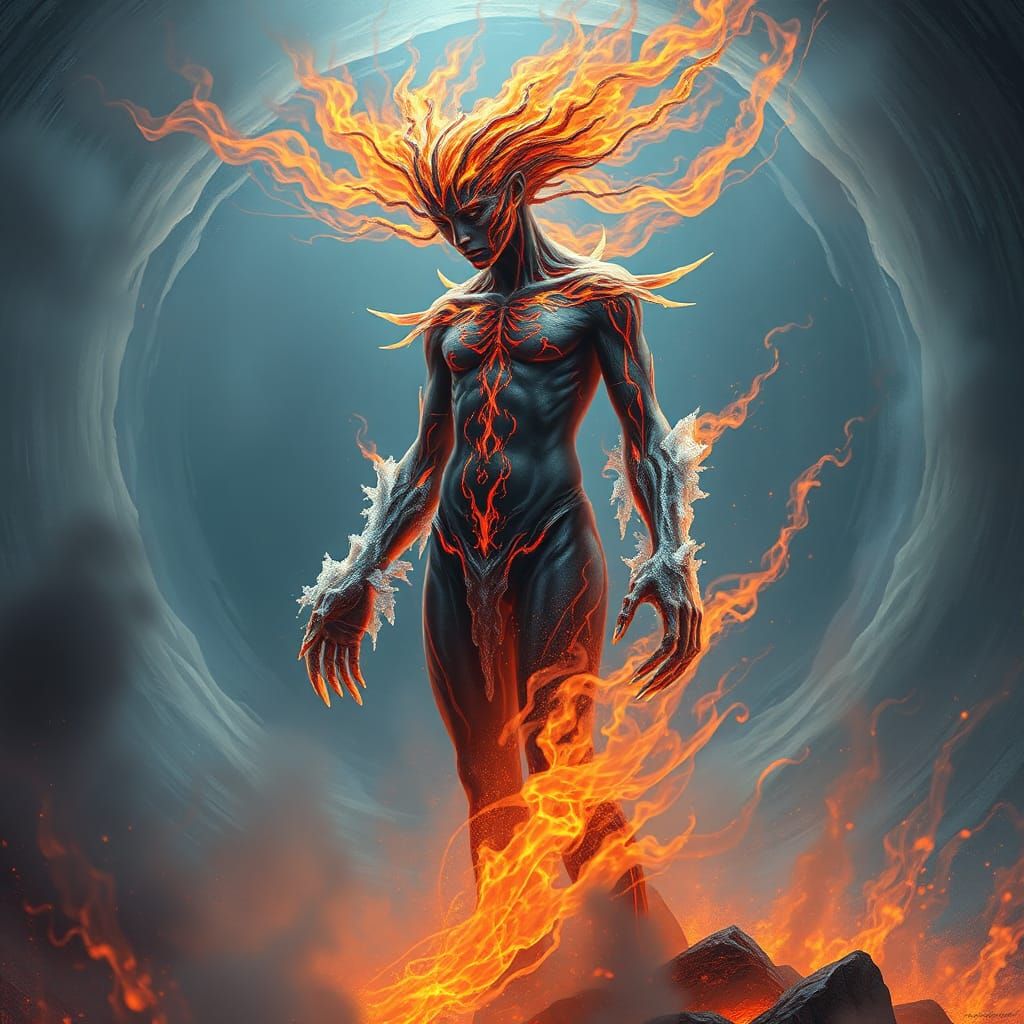 Mystical Being of Fire and Ice in Biomechanical Style