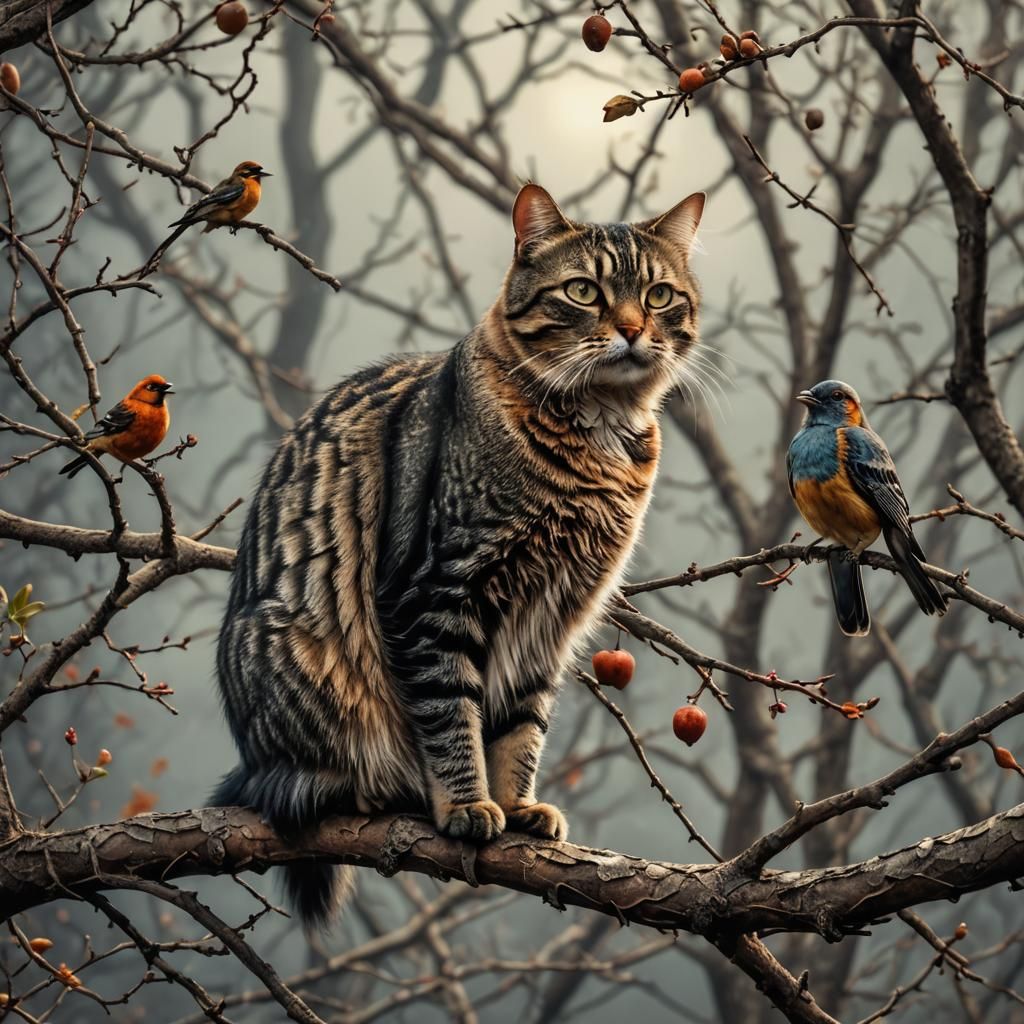 Hyperrealistic Cat and Bird on Branch