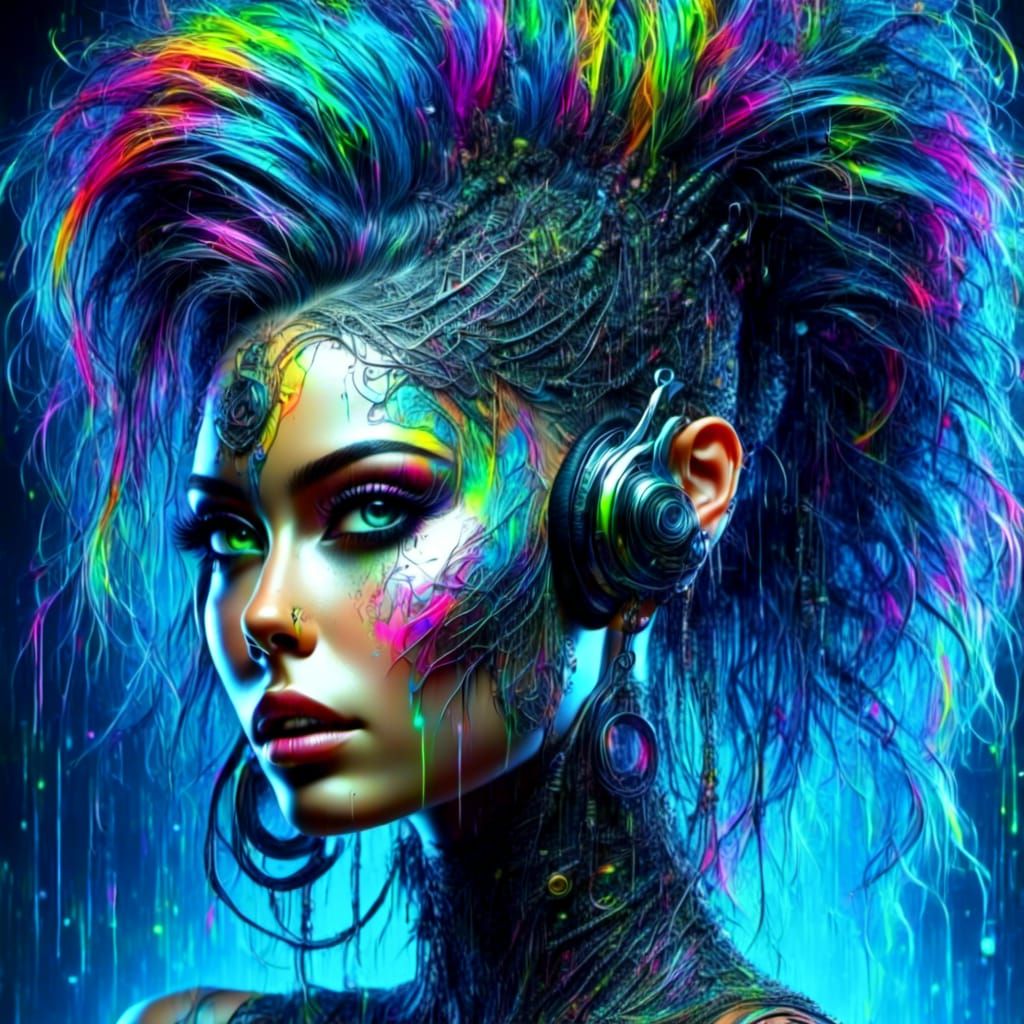 Cyberpunk Pixie with Neon Rainbow Reflections