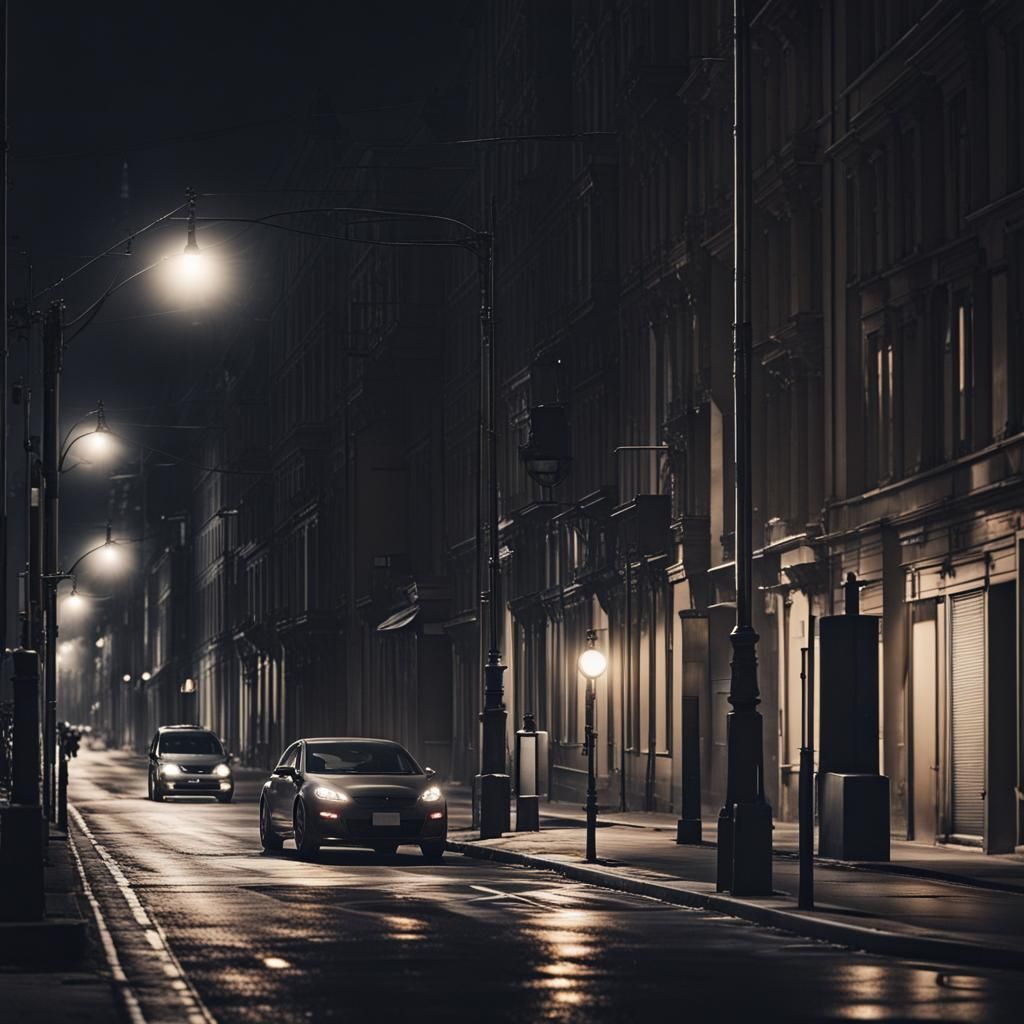 Car Driving on Lonely City Street at Night