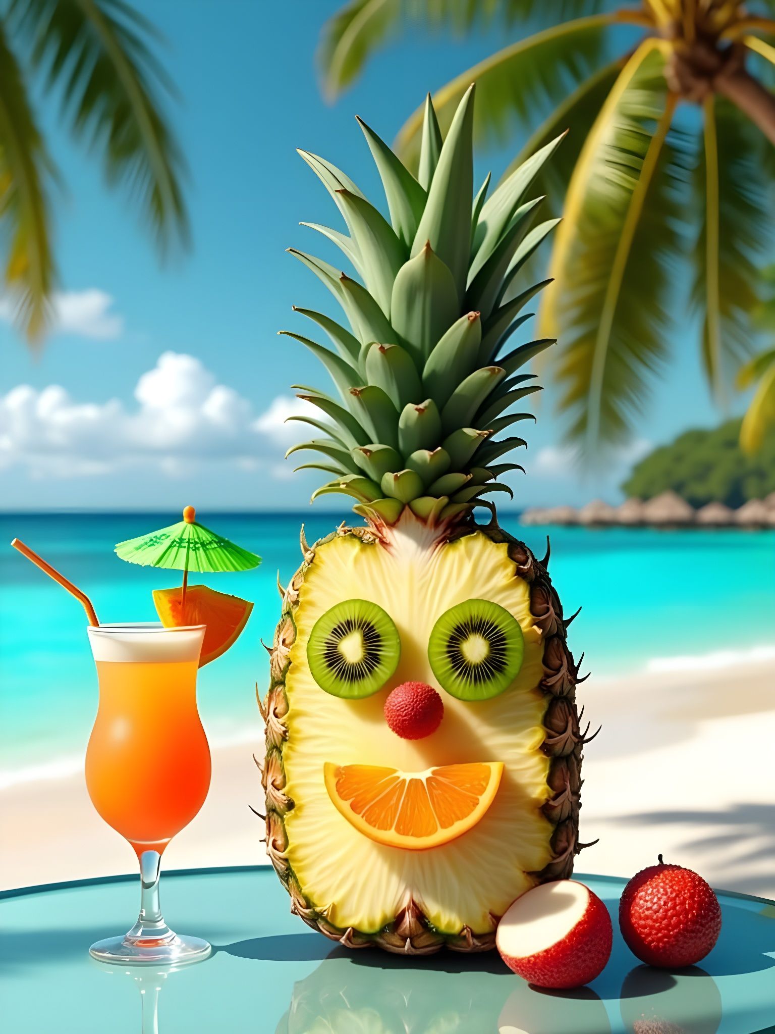 Hyper-Realistic Tropical Fruit Face in Whimsical Beach Setti...