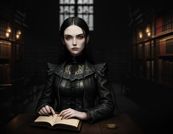 Gothic Female Character in Dimly Lit Library