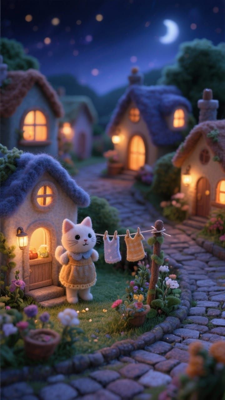 Charming Felt Cat Village in Twilight Storybook Style