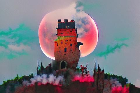 Bloody Moon Over Castle Tower in Fantasy Style