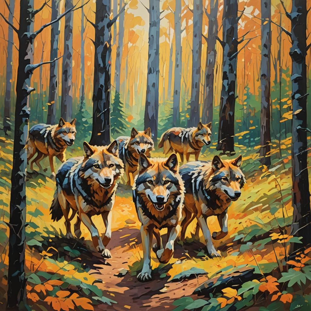 Fauvist Wolf Pack Runs Through Golden Forest