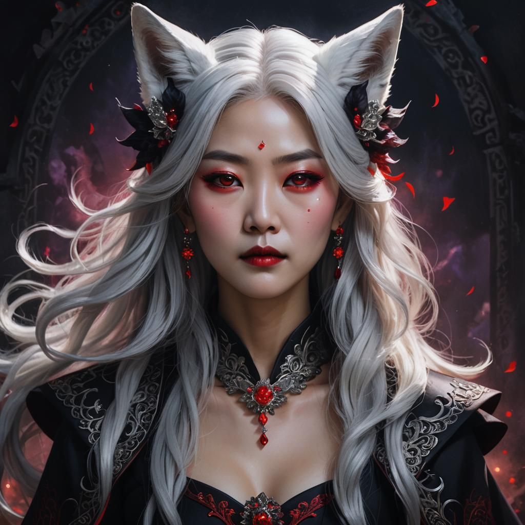 Korean Vampire Queen with Silver Hair in Art Deco Style