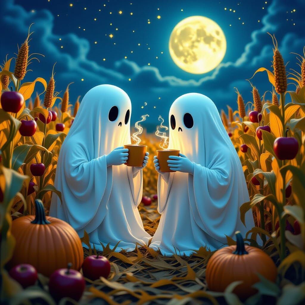 Ghostly Beings in Corn Maze, Dark Fantasy Art