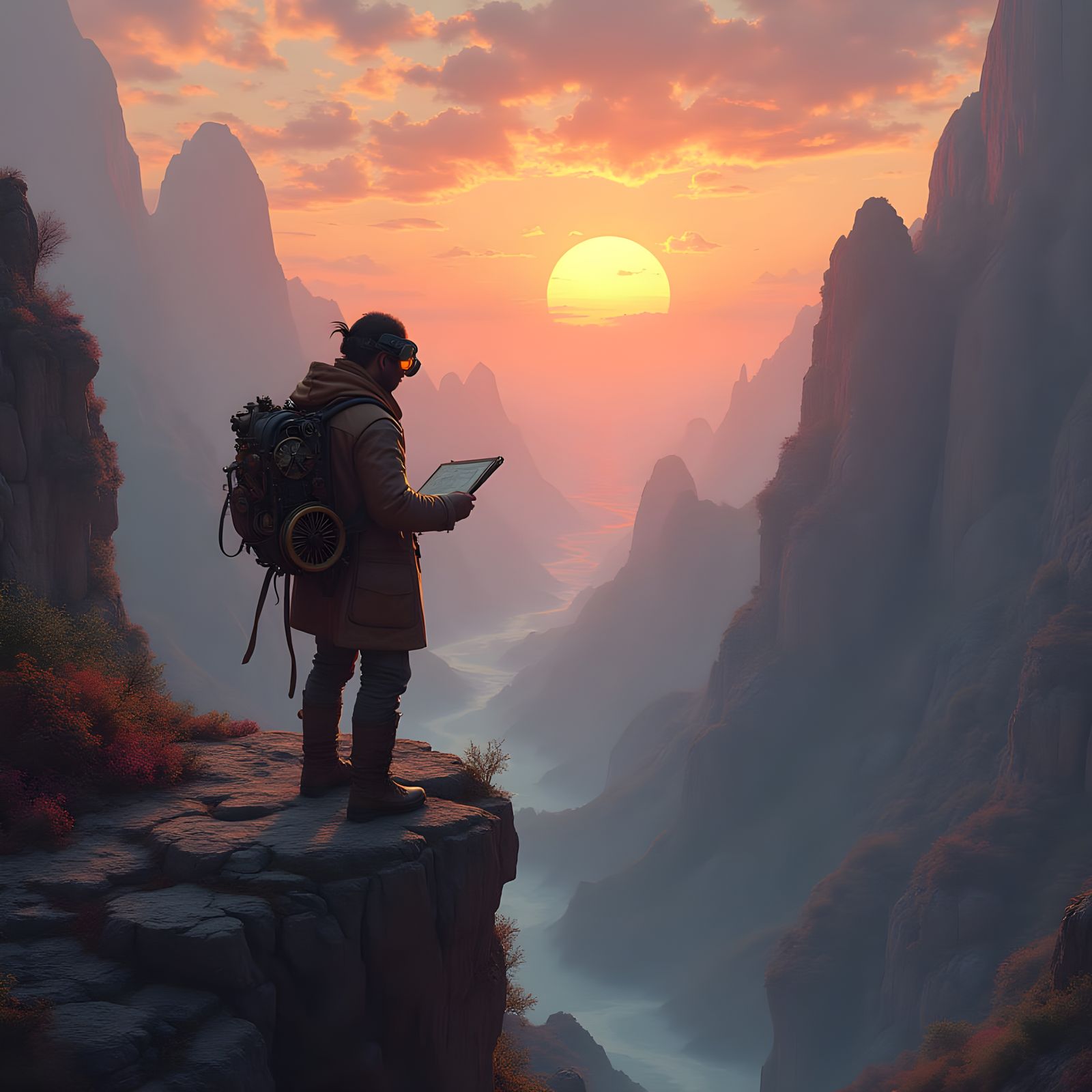 Steampunk Cartographer Overlooking Ethereal Valley
