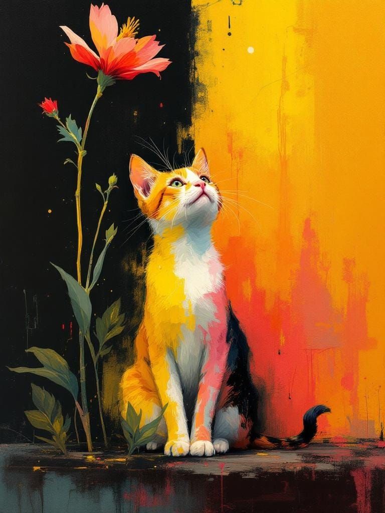 Cat Under Flower in Magical Realism Style