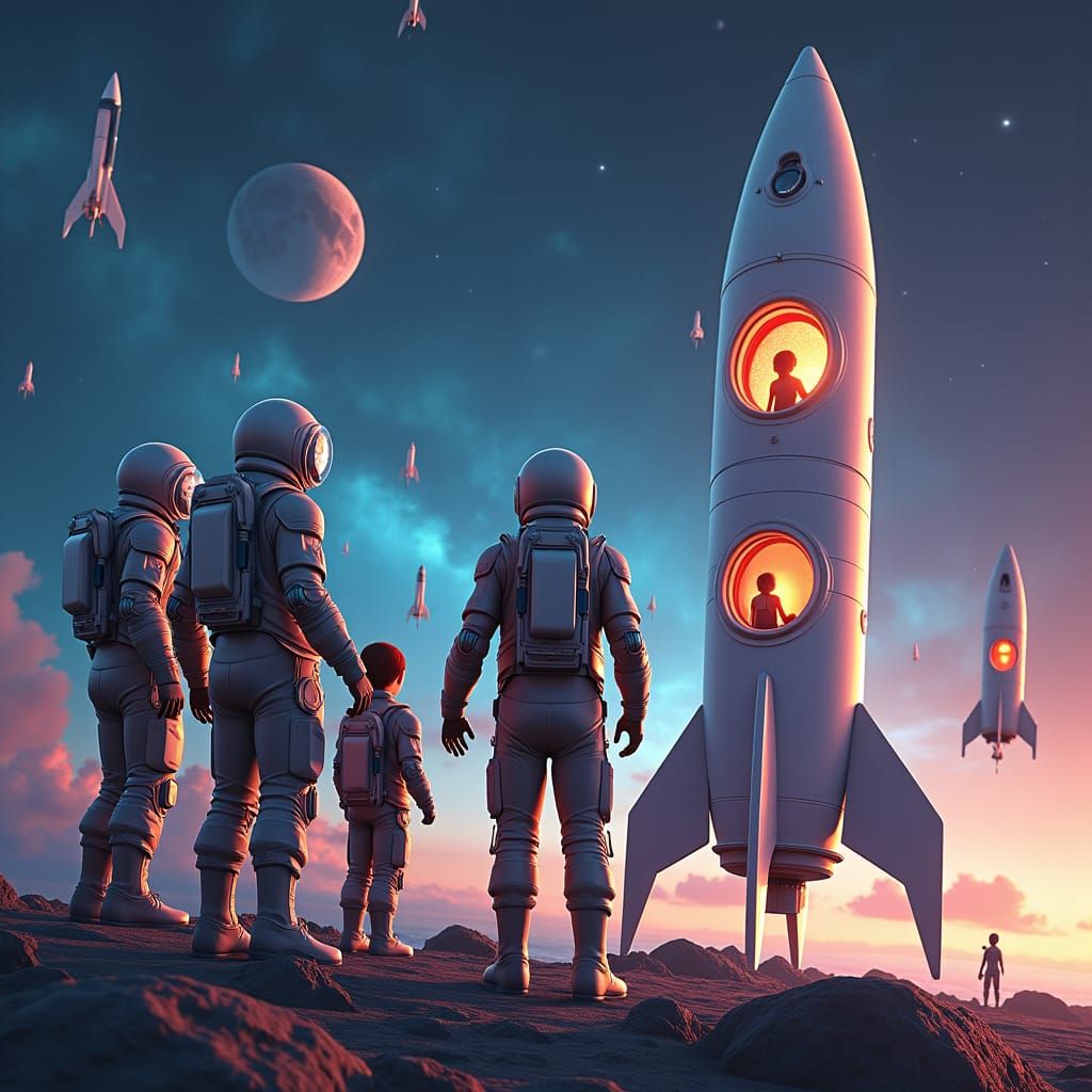 Scientists in Space Converse Amidst Rockets, Matte Painting