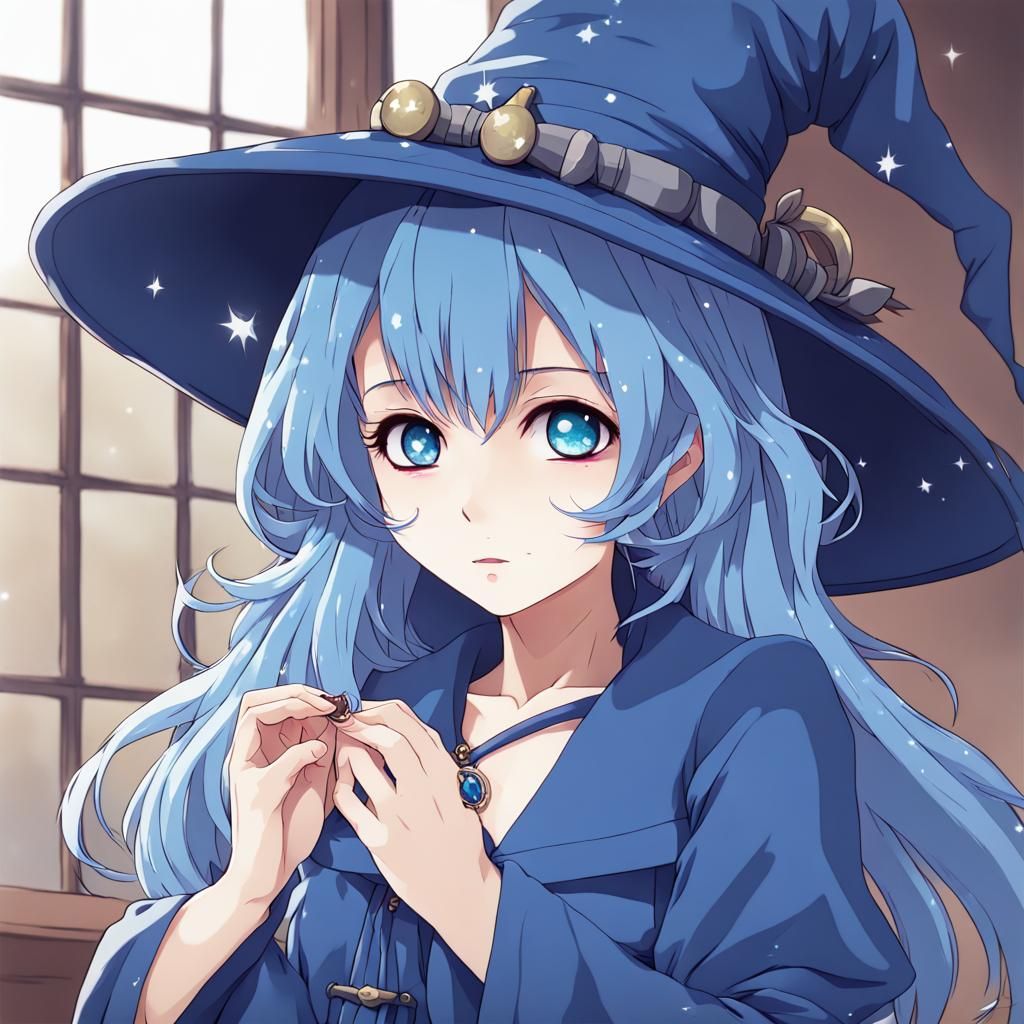 Adorable Blue Witch in Anime Style