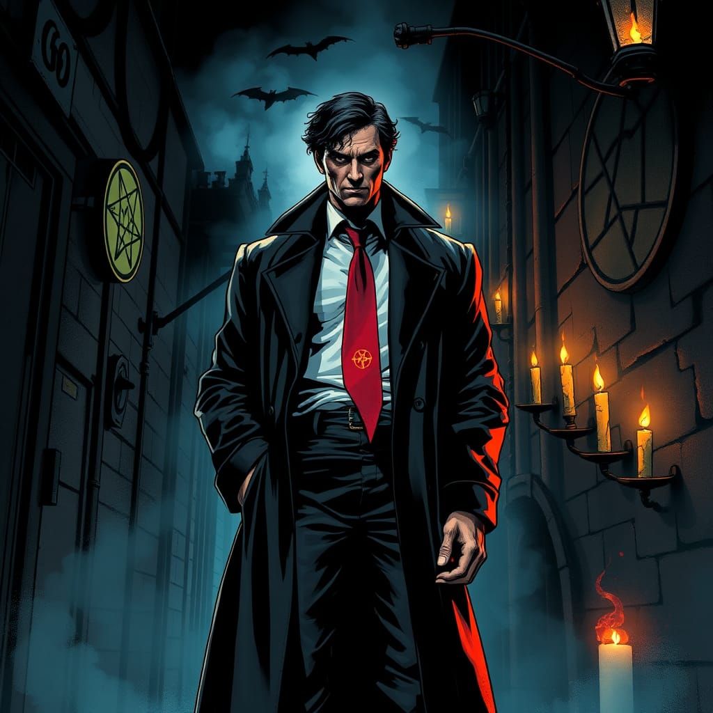 Mystical Constantine Illustration in Dark Gothic Noir Style