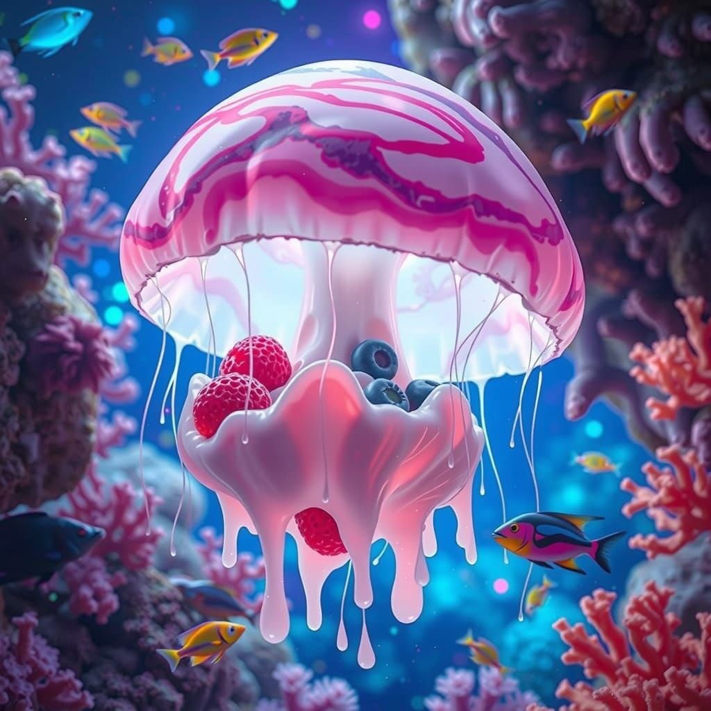 Milk-Filled Jellyfish in Coral Reef: CGI Surrealism