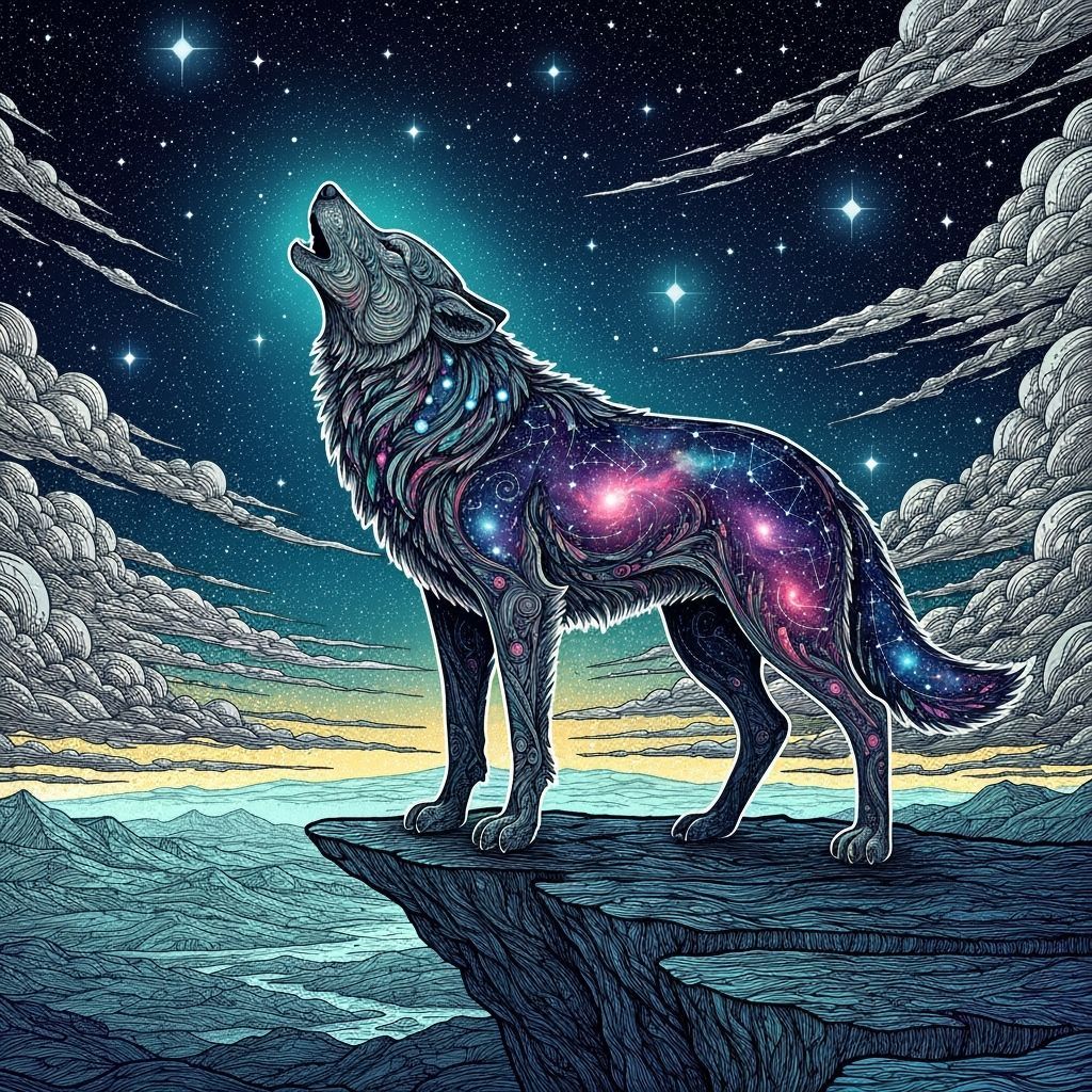 Majestic Wolf Howling at Cosmic Sky Lineart