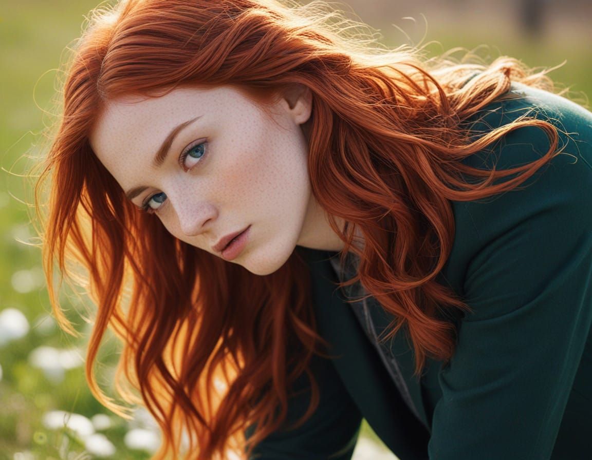 Vibrant Red Hair with Whimsical Clouds in a Dreamy Style