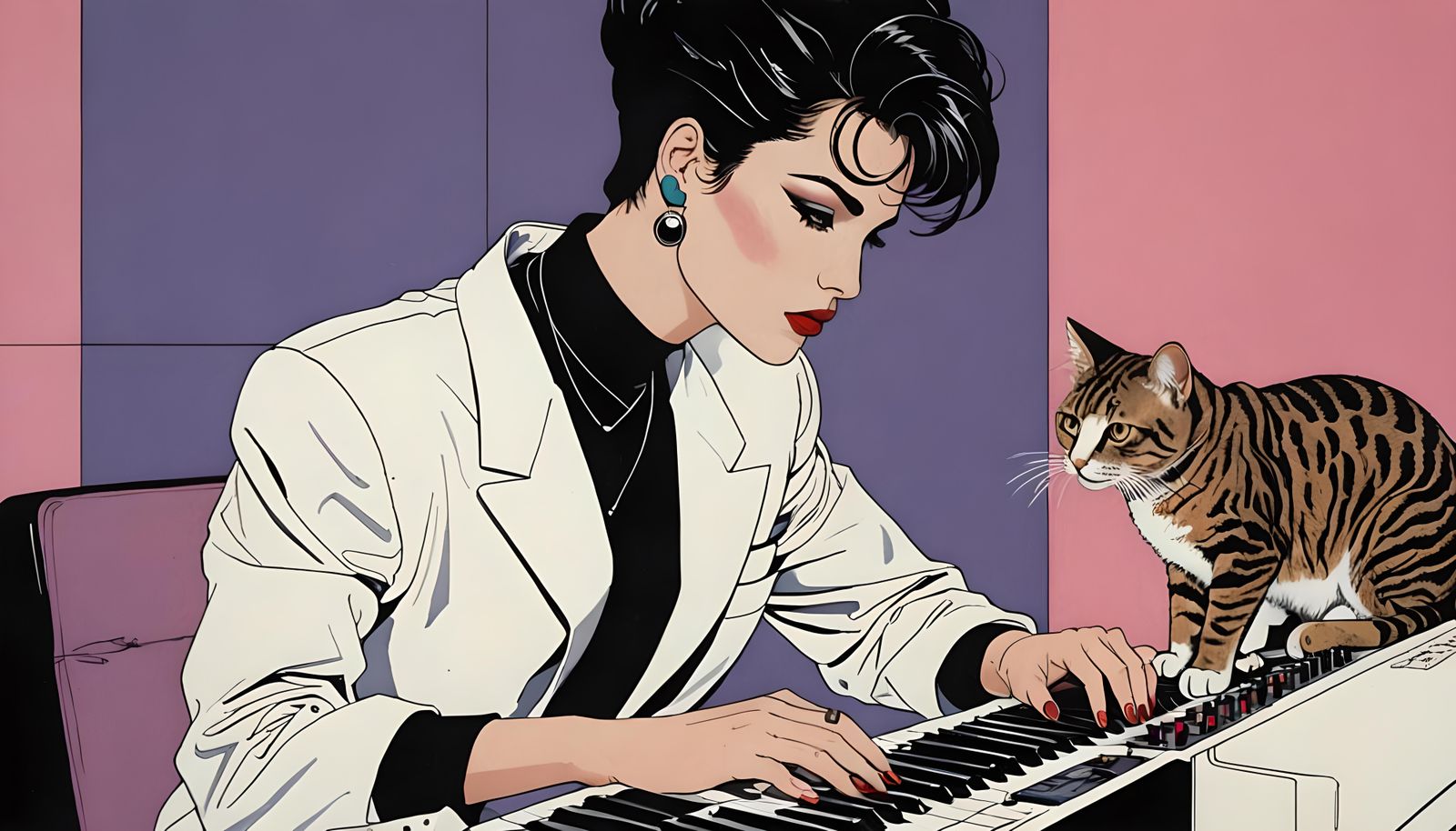 80s Model and Cat Playing Synth in Nagel Style