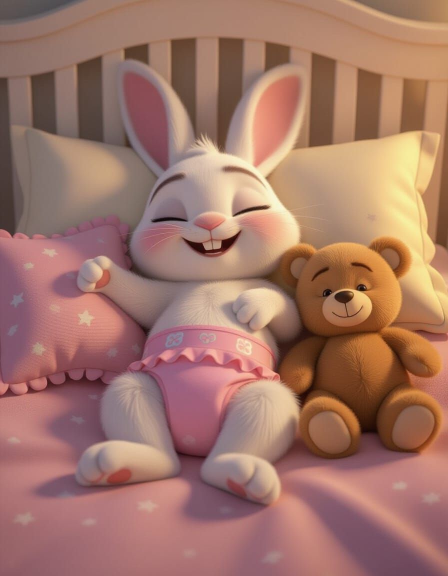 Cute Bunny Resting in Crib with Teddy Bear