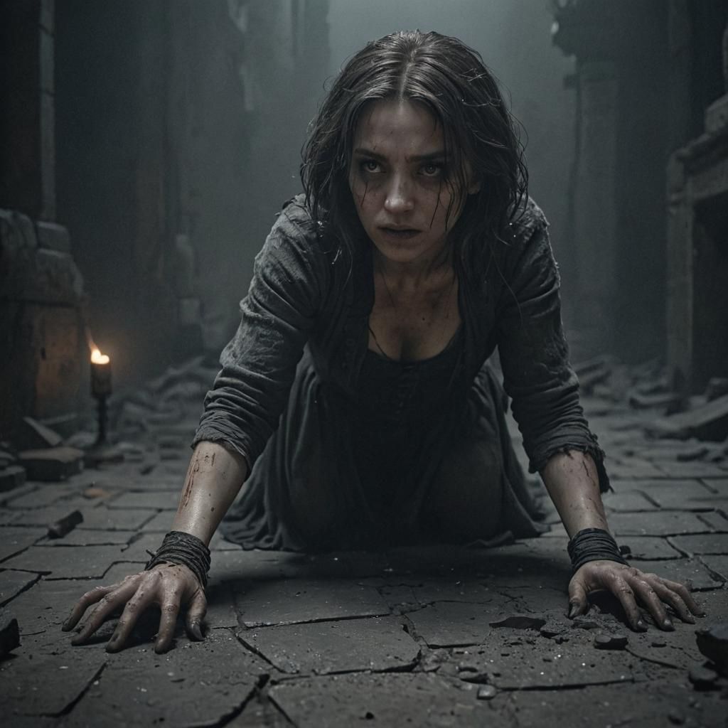 Gothic Horror Woman Crawling in Darkness