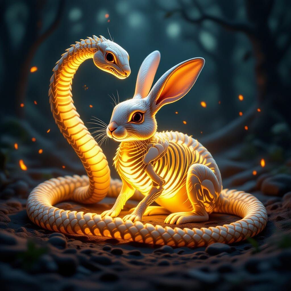 Skeletal Serpent and Golden Rabbit with Glowing Embers