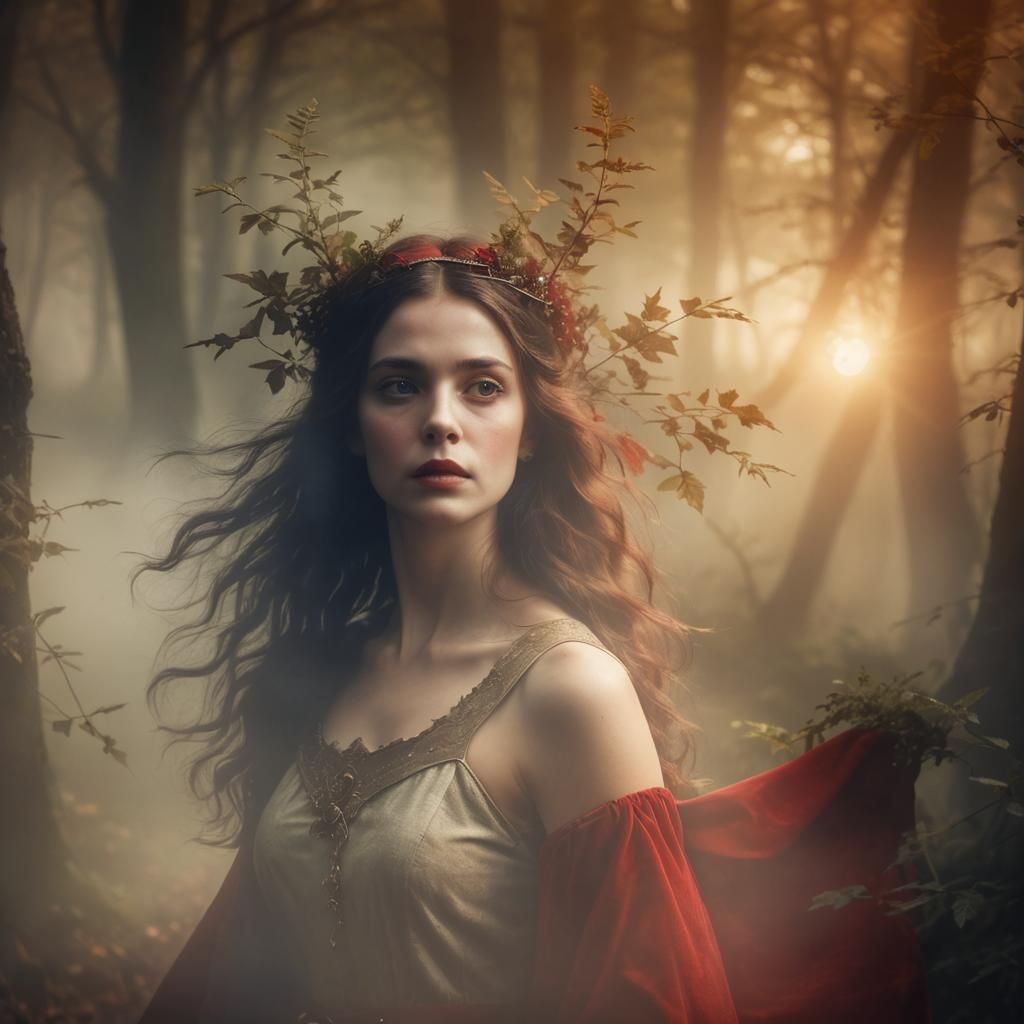 Lost Lady in Red Cloak, Medieval Forest Scene