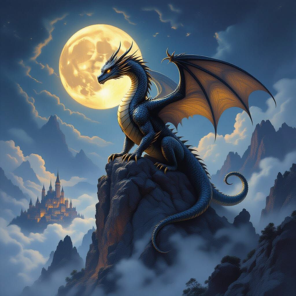 Majestic Obsidian Dragon Over Fantasy Kingdom