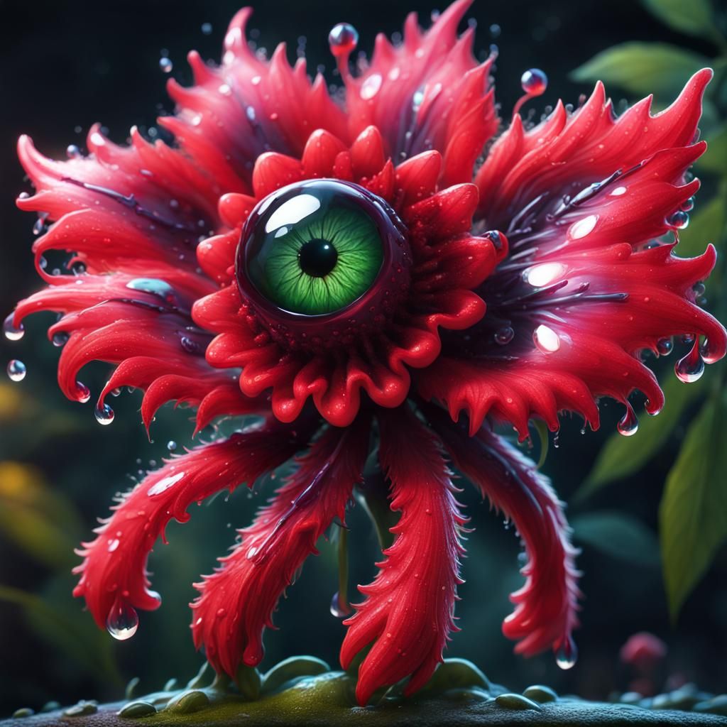 Fuzzy Red Flower Creature in Detailed Digital Art