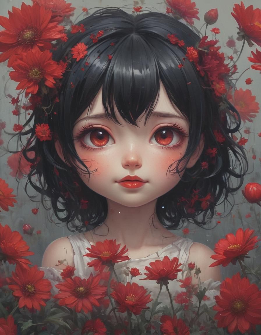 Girl with red chrysanthemums