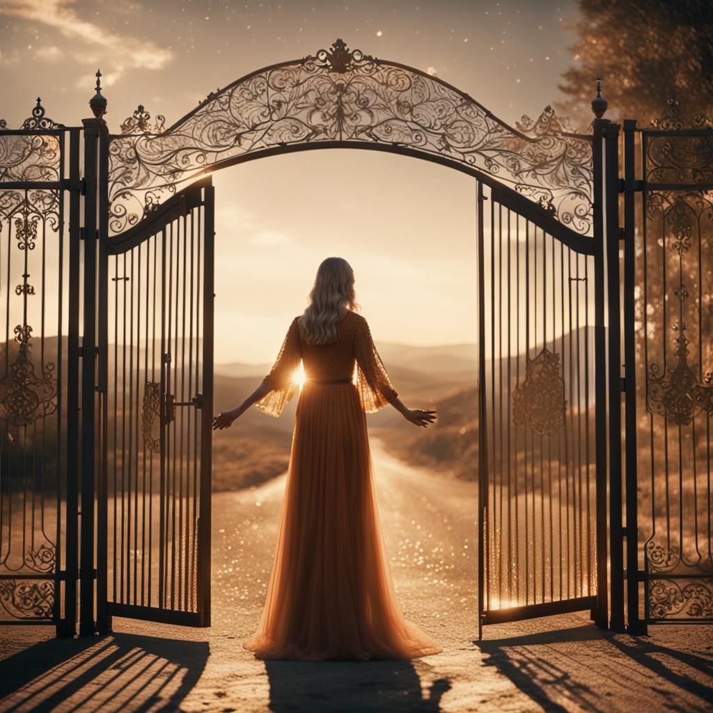 Woman Opens Sparkling Gate: Cinematic Film Still