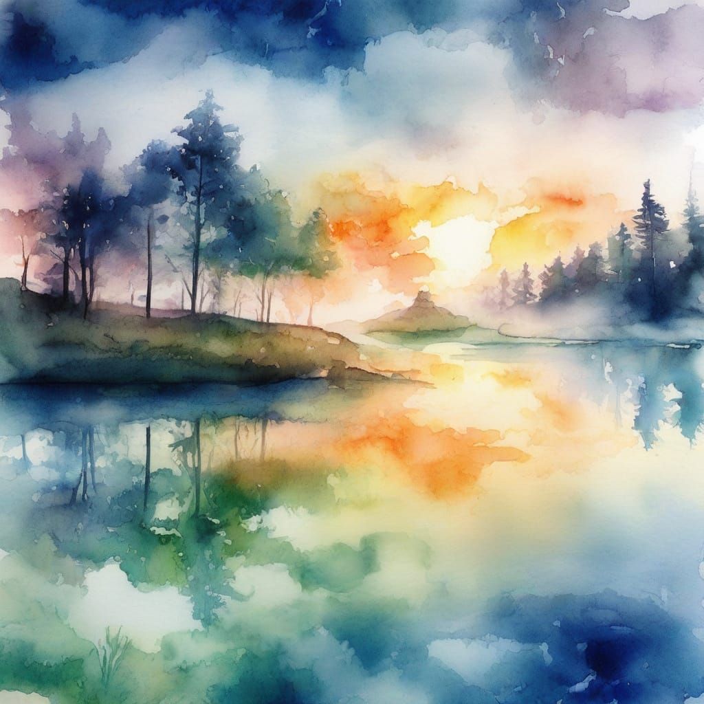 Whimsical Fairytale Lake Scene in Modern European Watercolor...