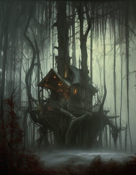 Eerie Treehouse: A Haunted Oil Painting